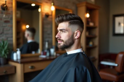 Homme dans un barbershop moderne avec une coupe courte texturée et un dégradé net, assis dans un fauteuil en cuir vintage