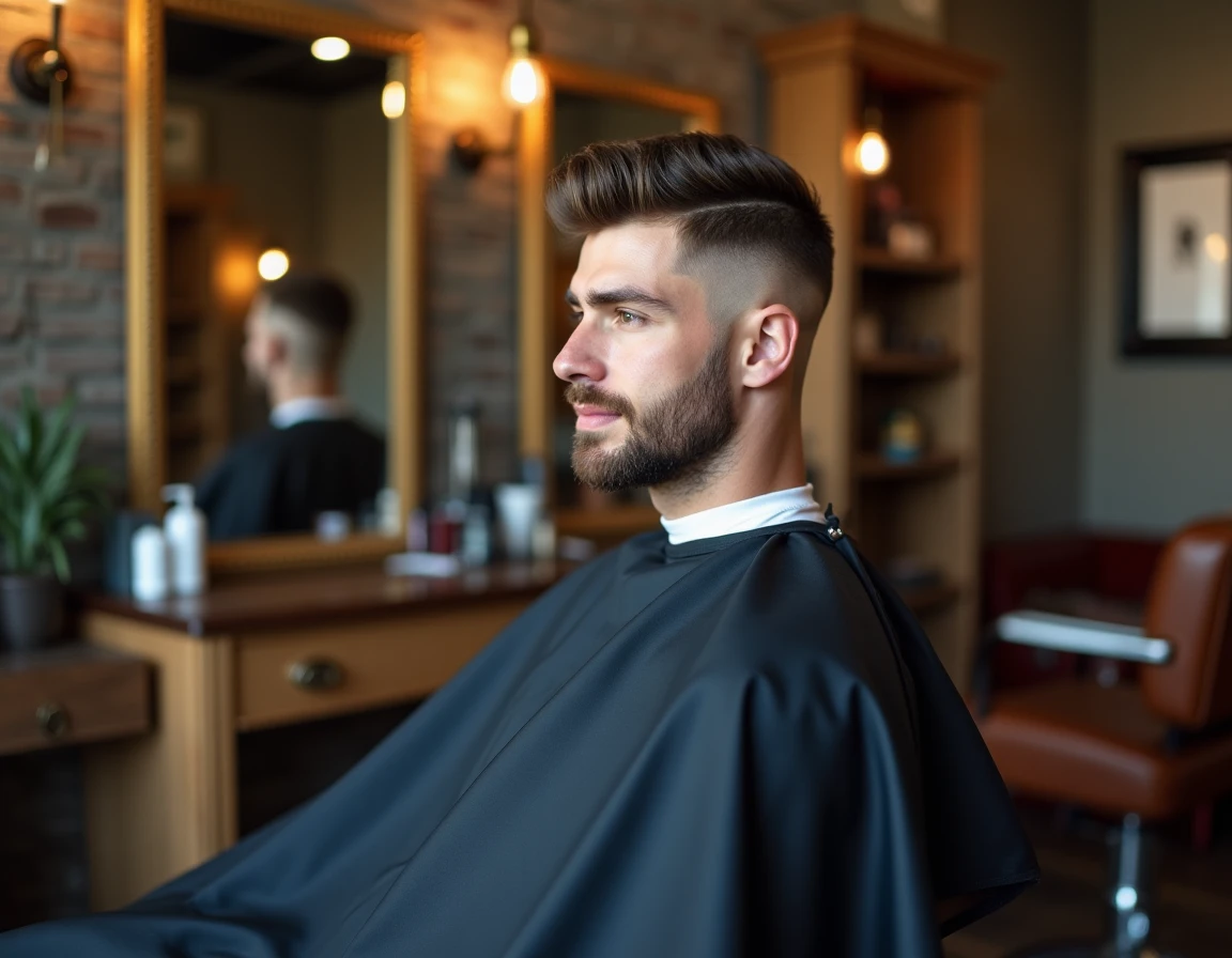 Homme dans un barbershop moderne avec une coupe courte texturée et un dégradé net, assis dans un fauteuil en cuir vintage