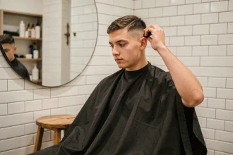Jeune homme vérifiant sa coupe de cheveux style Inoxtag sous une casquette dans une salle de bain moderne