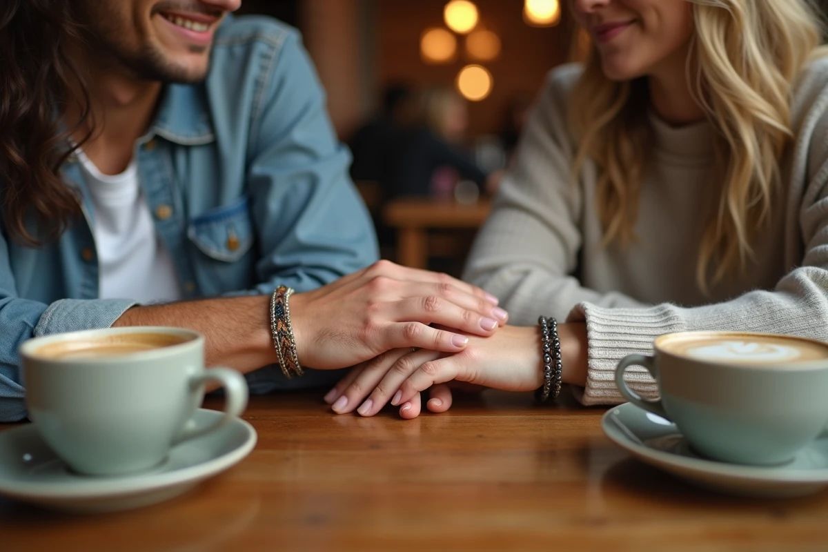 Couple mixte assis dans un café avec des bracelets assortis reposant côte à côte sur une table en bois