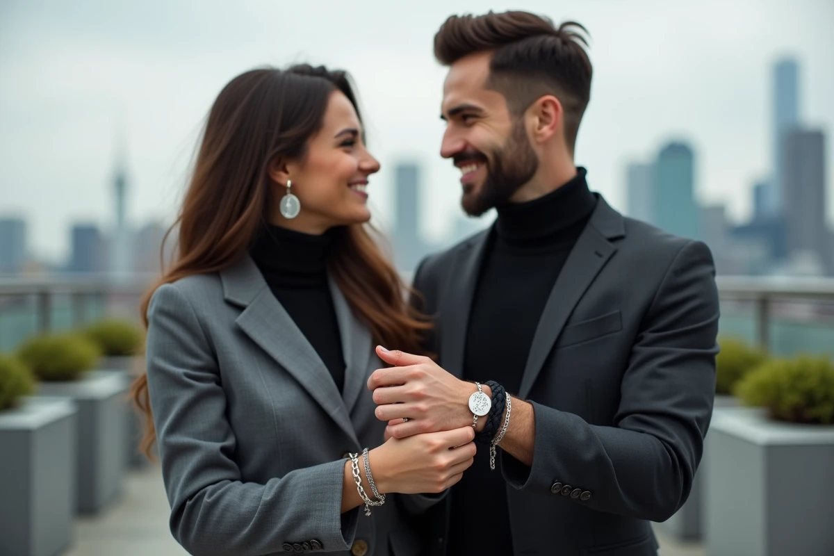 Couple mixte sur un rooftop urbain affichant leurs bracelets personnalisés assortis avec un sourire complice