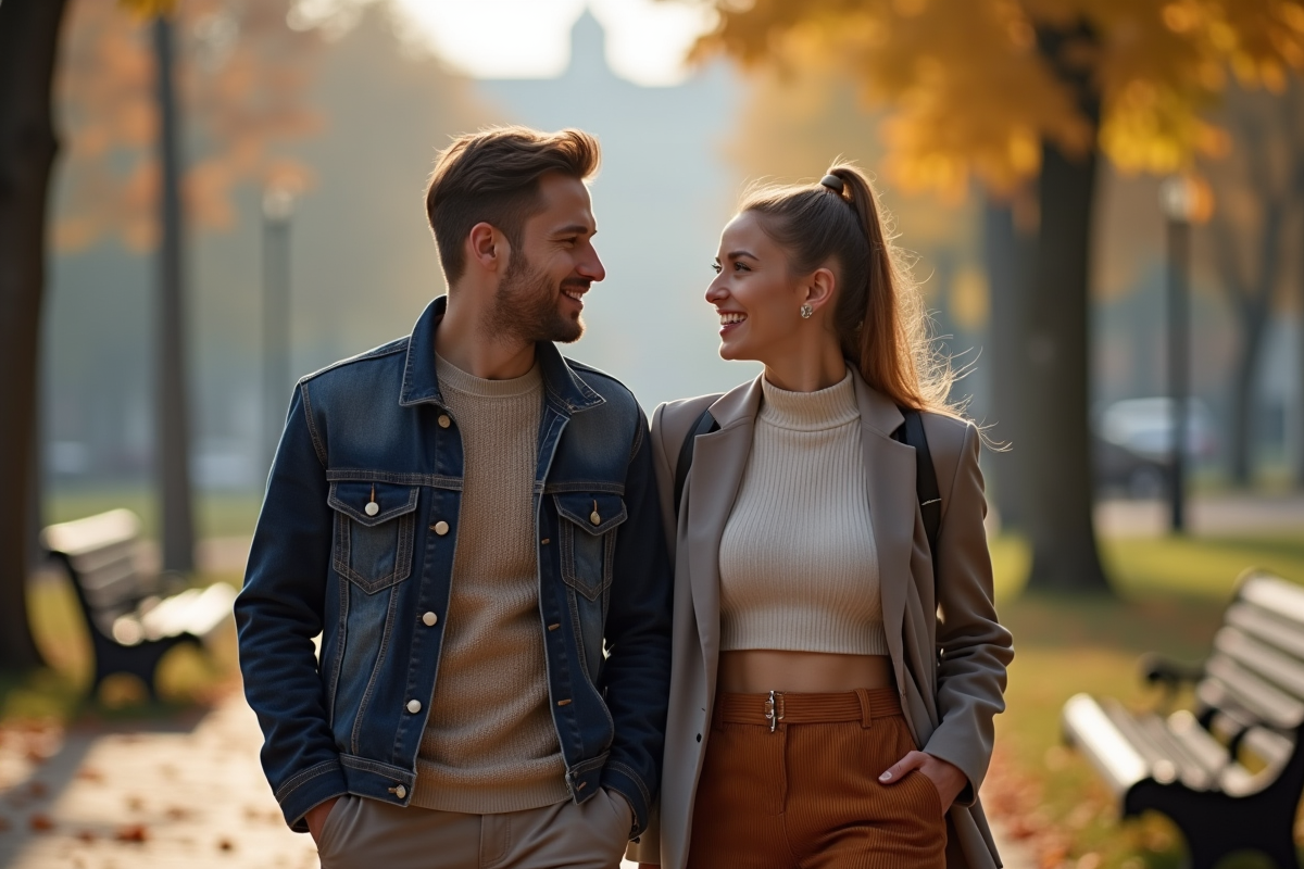 Couple en crop tops et vestes dans un parc automnal