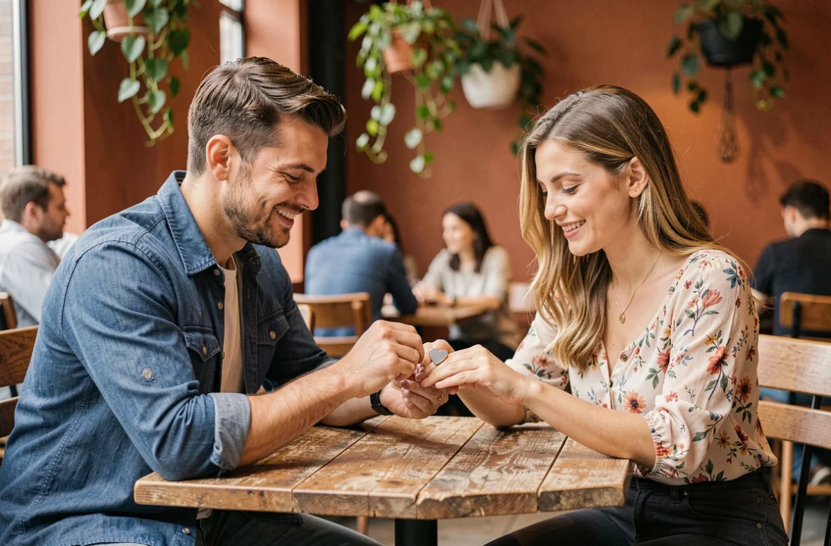 Couple échangeant une bague cœur magnétique dans un café, moment de cadeau romantique et authentique