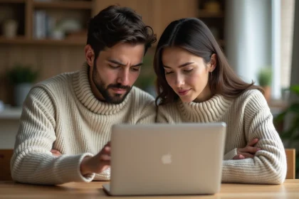Jeune couple regardant un site de shopping en intérieur