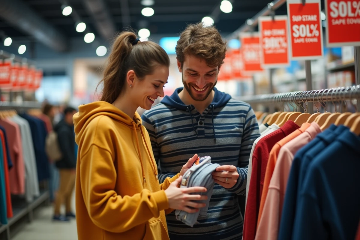 Couple faisant du shopping lors des soldes 2026 dans un grand magasin français avec des bannières promotionnelles