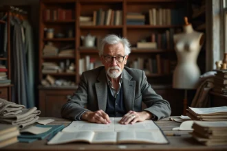 Couturier âgé dans son atelier avec tissus et croquis