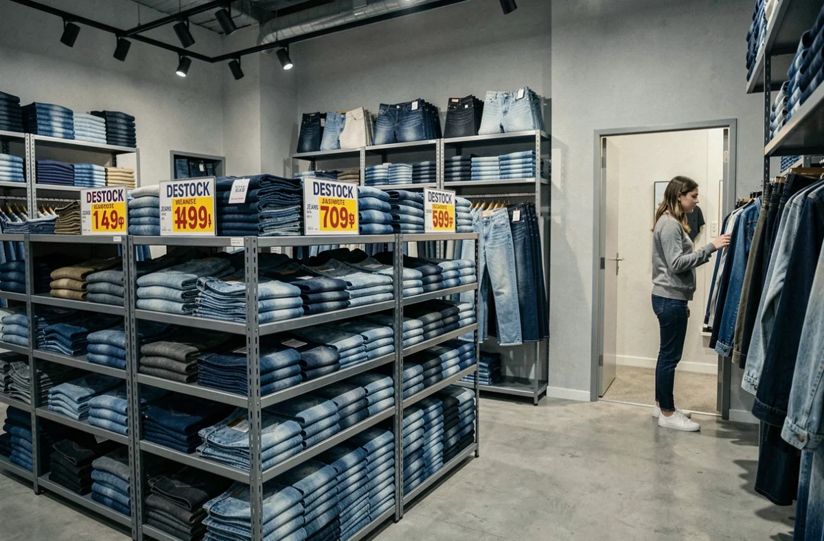 Intérieur du Destock Jeans avec ses rayons de jeans en déstockage, présentés sur des étagères métalliques industrielles