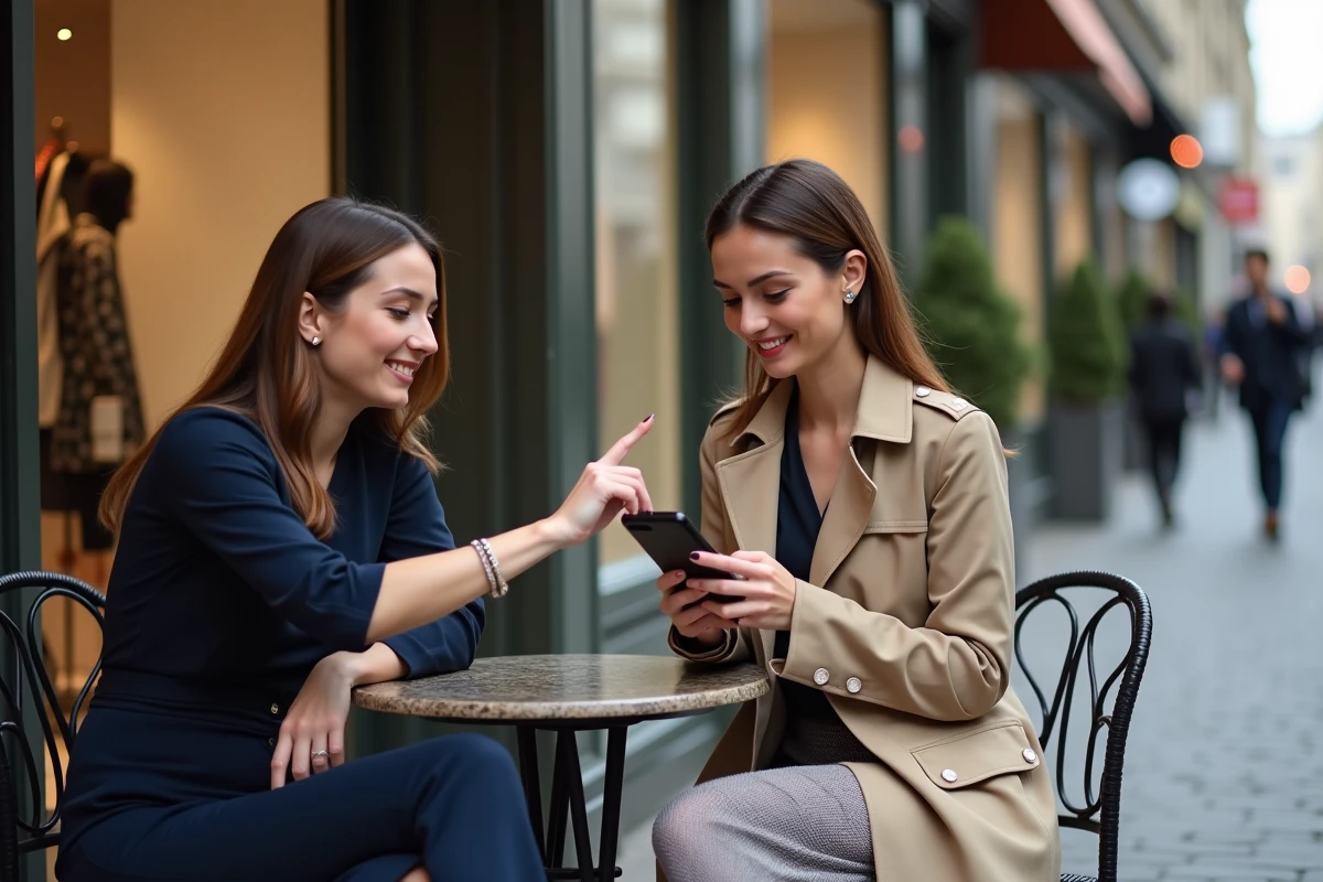 Deux femmes élégantes en terrasse de café préparant leur visite des boutiques Avenue Montaigne
