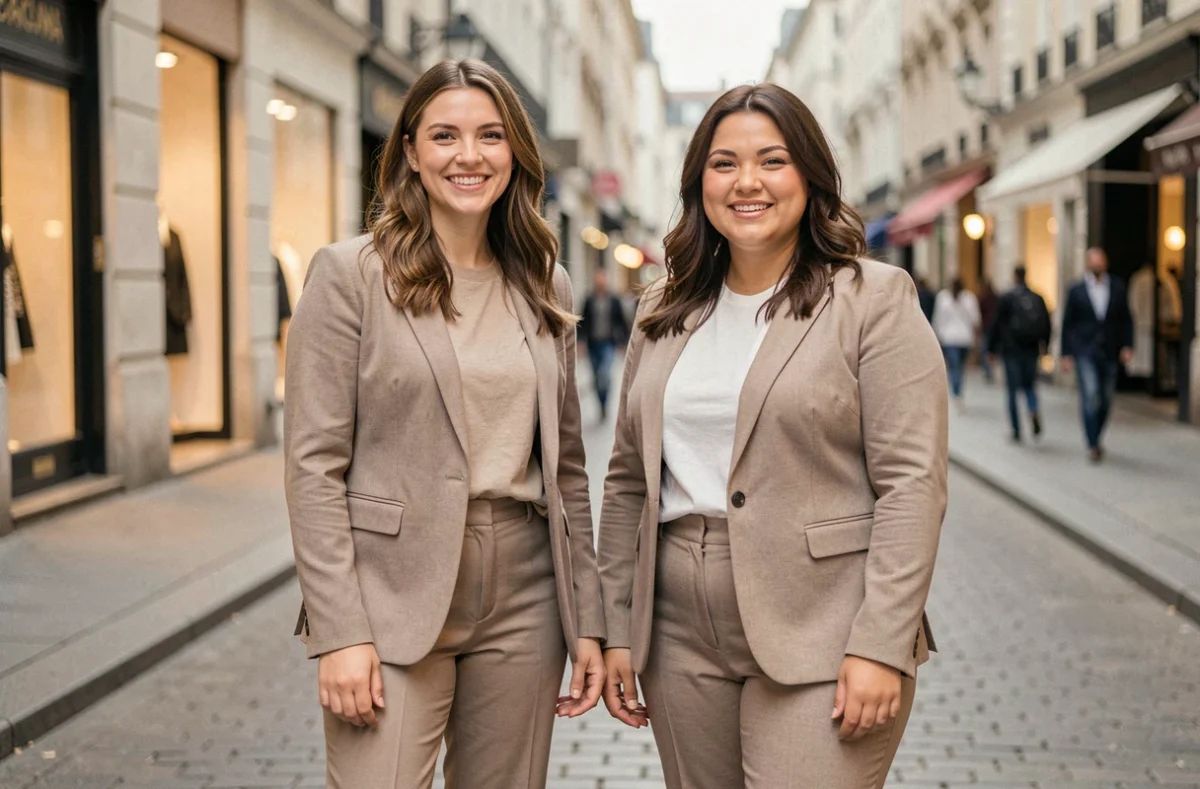 Deux femmes aux morphologies différentes posant ensemble en milieu urbain, illustrant la diversité corporelle et la comparaison saine des silhouettes