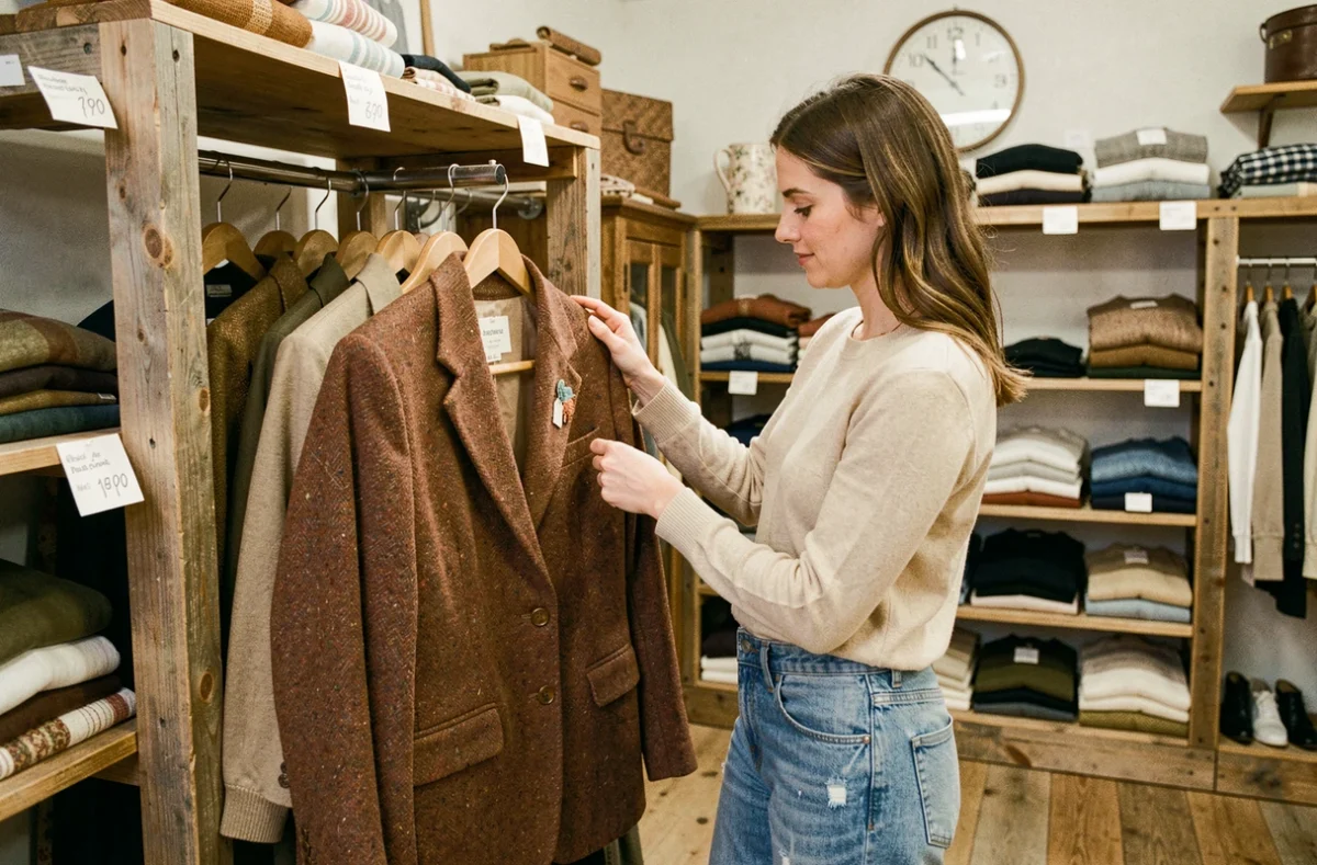 Femme inspectant un vêtement de seconde main dans la boutique Dressing et Compagnie à La Roche-Blanche