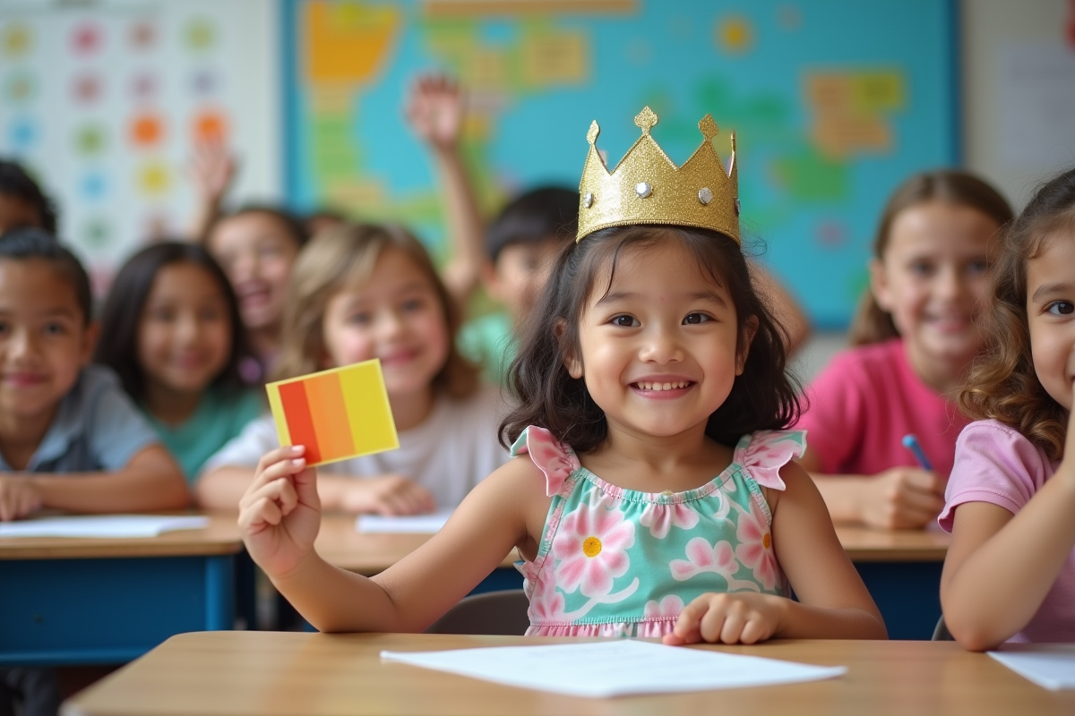 Enfants souriants dans une classe colorée et dynamique