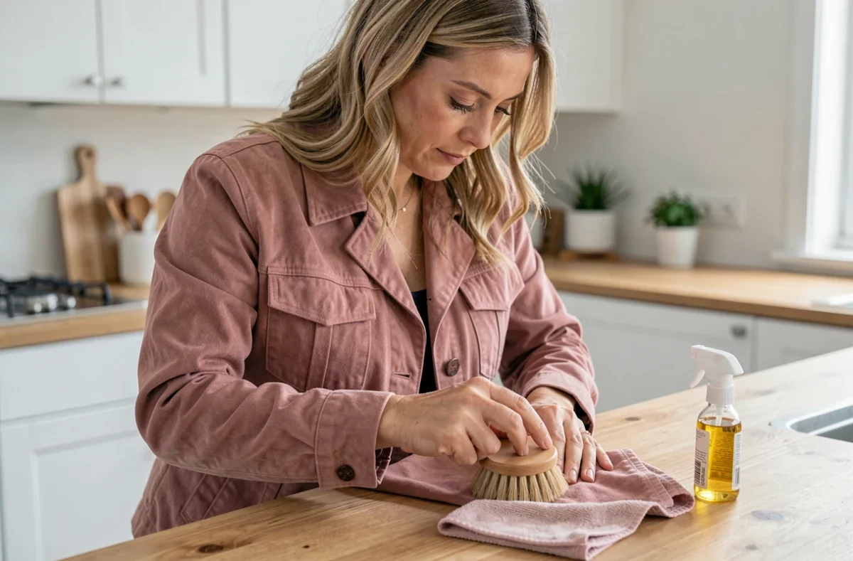 Femme entretenant une veste en daim rose poudré avec une brosse spéciale, illustrant les soins pratiques du tissu daim à la maison