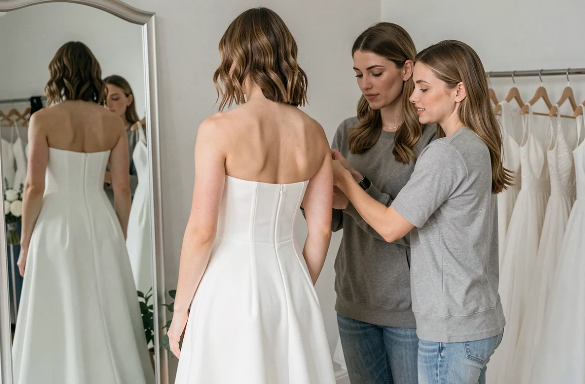 Essayage d'une robe bustier longue blanche dans une boutique de mariée pour un mariage civil