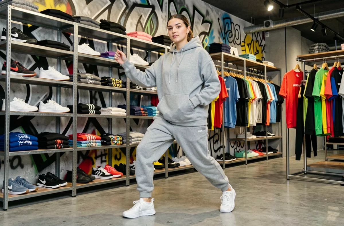 Jeune femme en tenue streetwear et sportswear dans la boutique Faireplay! à Clermont-Ferrand