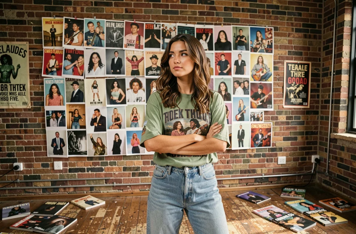 Jeune fan devant un mur de photos dédié à Suki Waterhouse dans un espace créatif