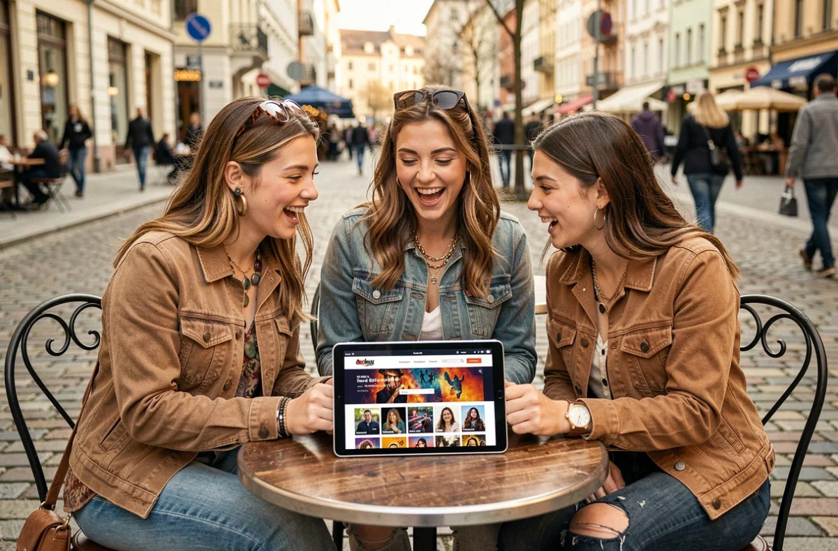 Groupe de jeunes fans découvrant le site fan Suki Waterhouse sur une tablette en terrasse de café urbain