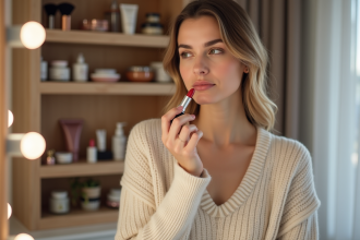Femme appliquant du rouge à lèvres dans sa chambre lumineuse