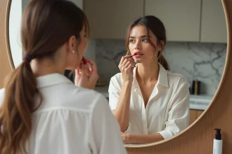 Femme appliquant du rouge à lèvres dans une salle de bain moderne
