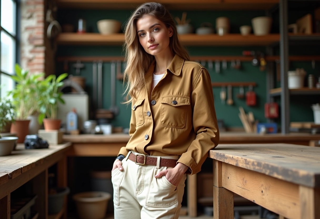 Femme dans un atelier avec vêtements utilitaires