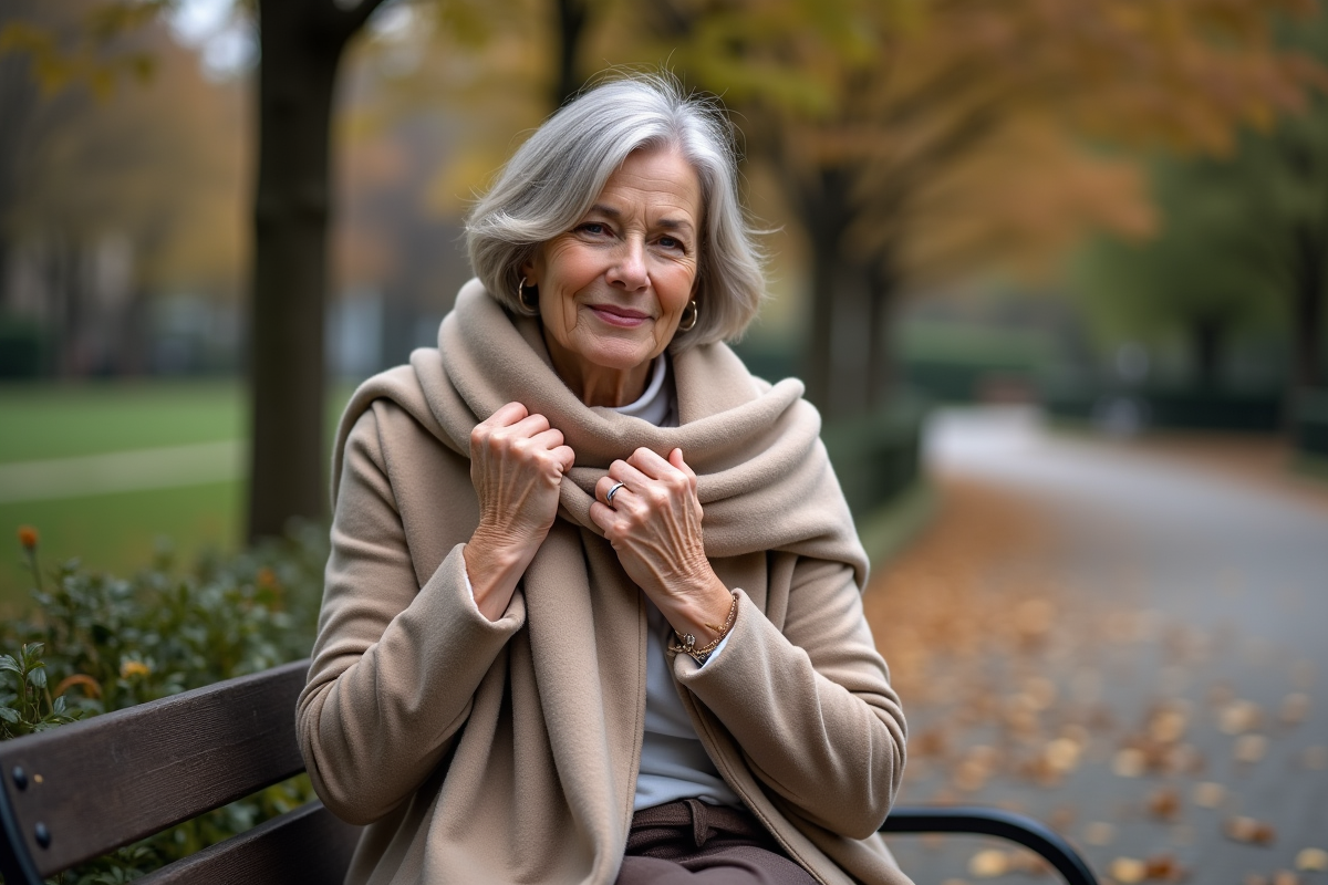Femme ajustant une écharpe en cachemire dans un parc