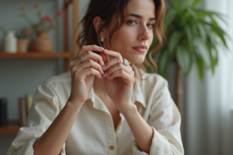Jeune femme posant sa bague en argent sur son doigt