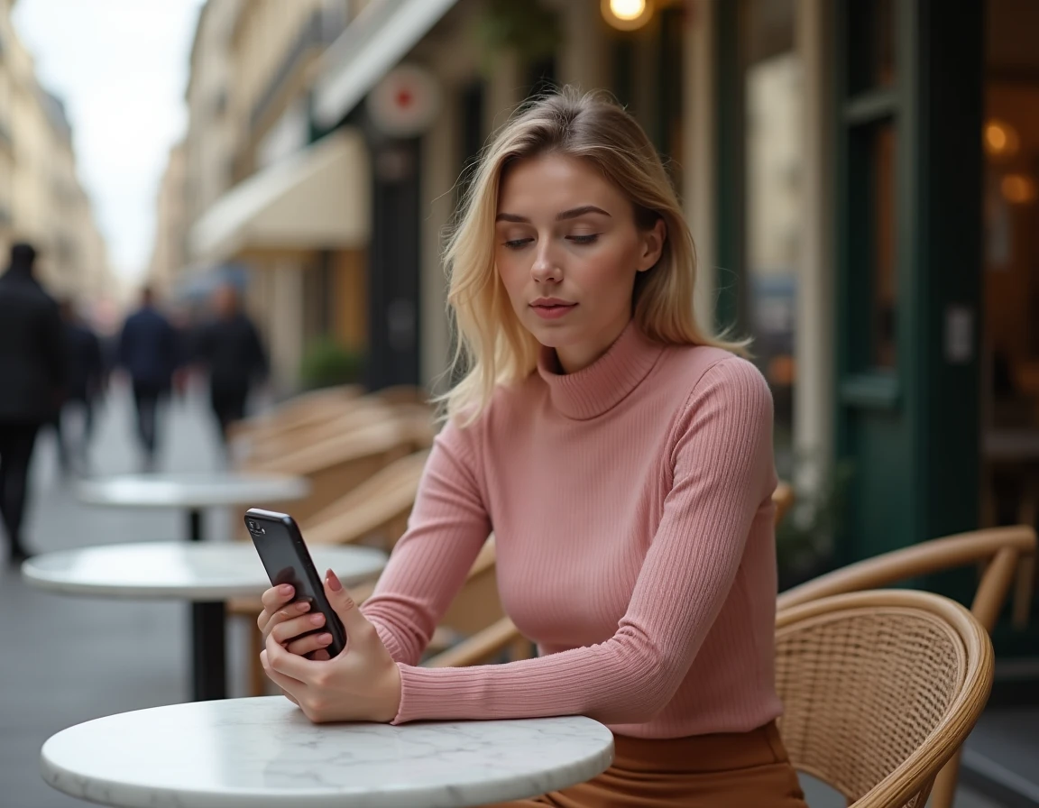 Jeune femme parisienne stylée consultant un blog de mode sur son smartphone en terrasse de café avec un style élégant et décontracté
