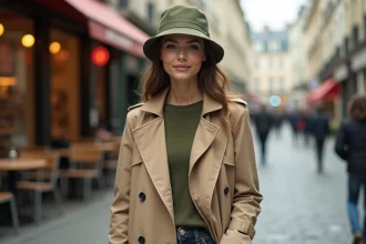 Femme élégante portant un bob olive et un trench beige dans une rue pavée parisienne, style urbain chic loin du look touriste