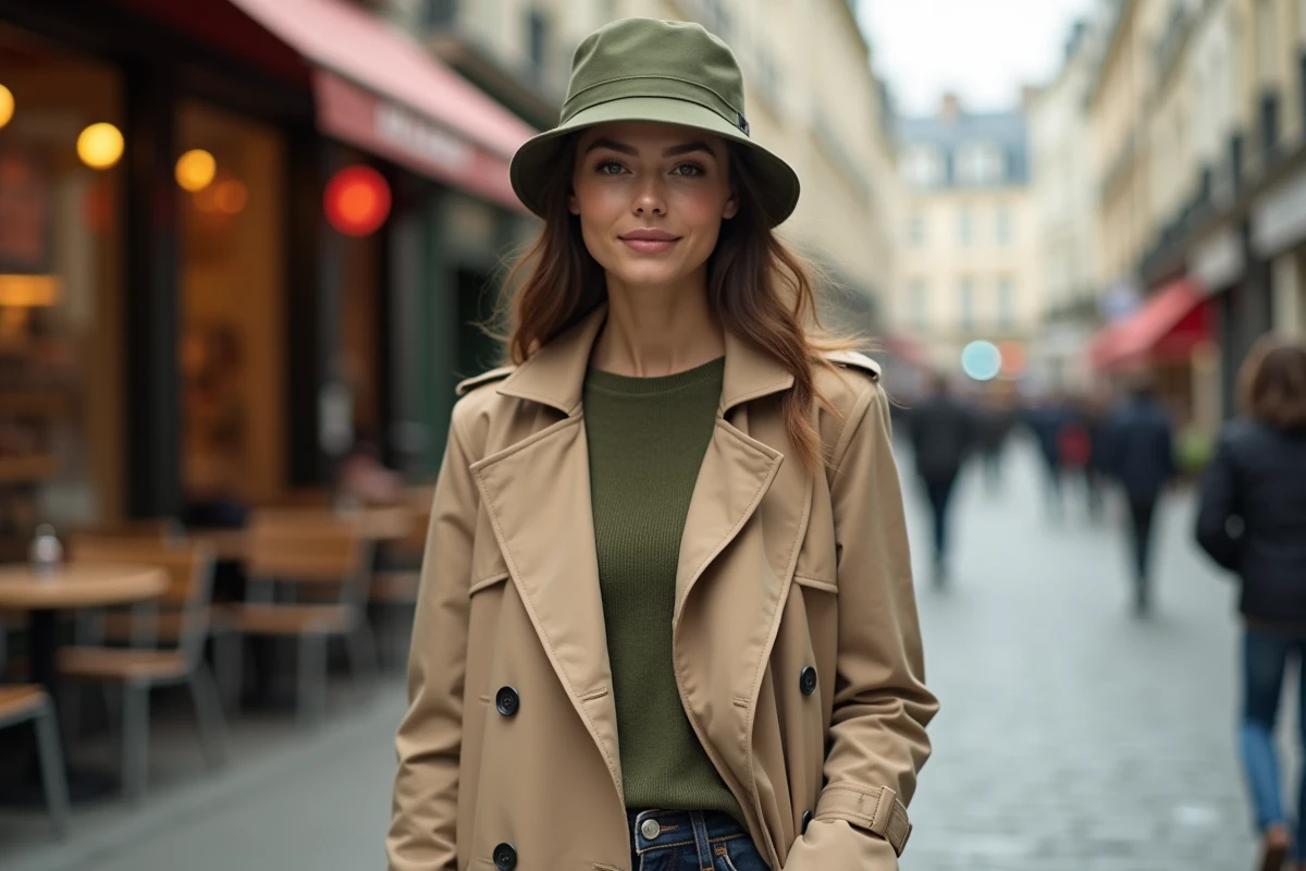 Femme élégante portant un bob olive et un trench beige dans une rue pavée parisienne, style urbain chic loin du look touriste