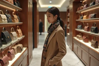 Femme élégante dans une boutique de luxe regardant des sacs à main