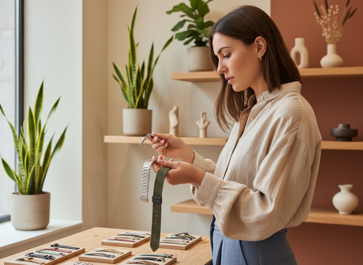 Jeune femme inspectant des bracelets de montre en boutique