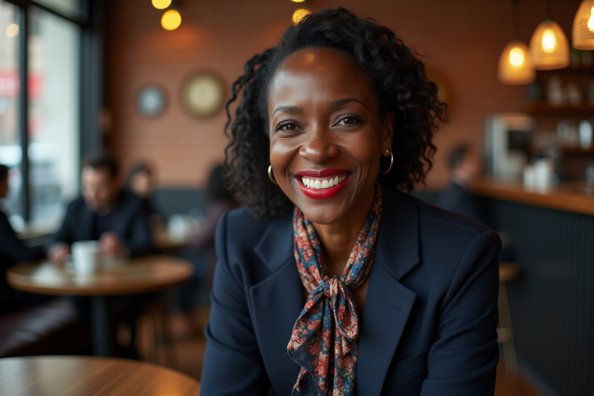 Femme noire souriante portant rouge à lèvres rouge dans un café urbain
