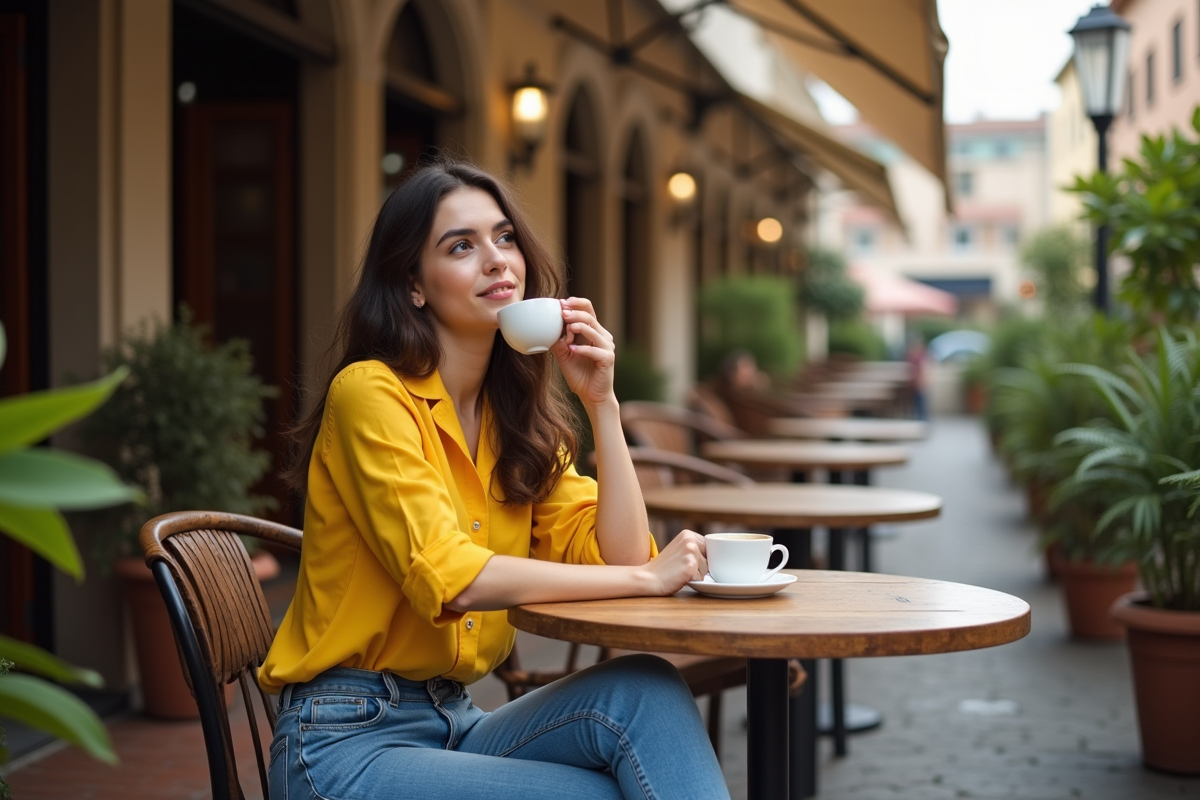 Jeune femme au café en terrasse ensoleillée