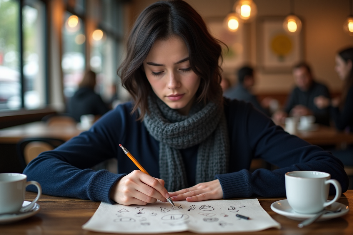 Jeune femme dessinant des symboles dans un café urbain