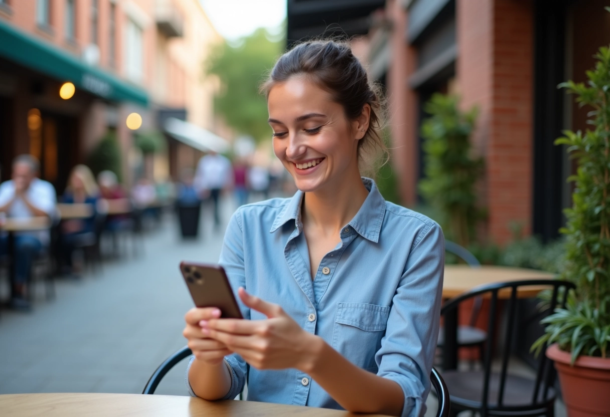 Jeune femme en robe coton dans un café en ville