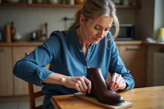 Femme à la maison qui étire une chaussure en cuir