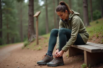 Femme aux pieds larges lacant ses chaussures Salomon trail sur un banc en bois à l'entrée d'un sentier forestier
