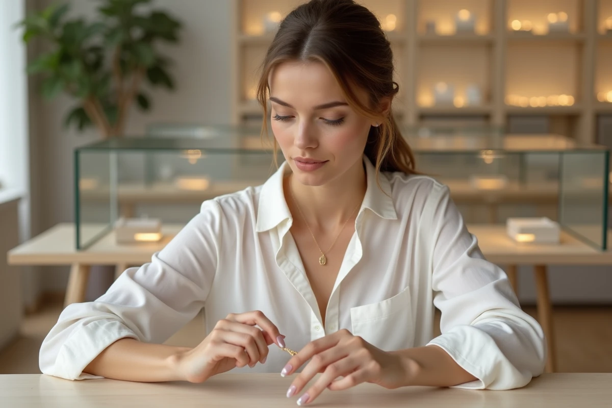 Femme examinant un pendentif SRD en or dans une boutique de bijoux minimaliste