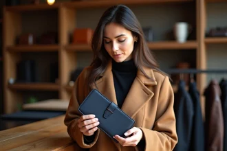 Femme inspectant un porte-monnaie en cuir personnalisable dans une boutique d'accessoires