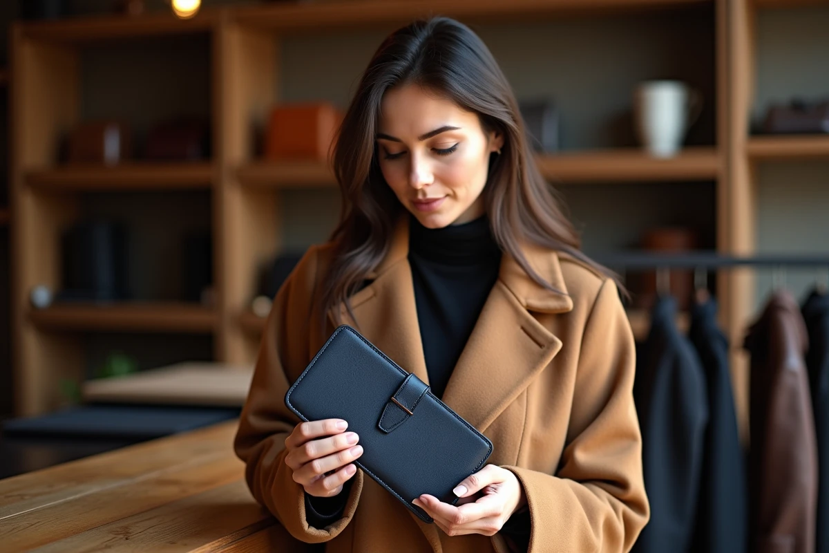 Femme inspectant un porte-monnaie en cuir personnalisable dans une boutique d'accessoires