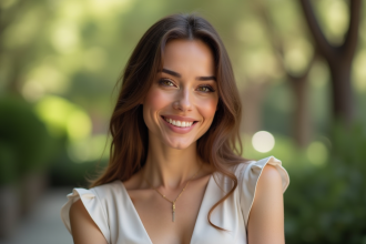 Femme confiante au visage rectangulaire dans un jardin