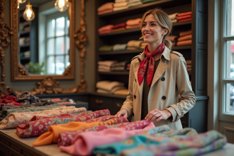 Femme élégante en trench beige et foulard coloré