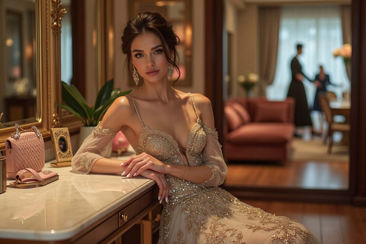 Femme élégante en robe couture dans une boutique luxueuse