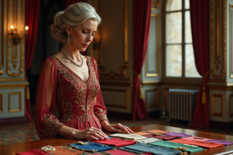 Femme élégante en robe bijou dans un palais historique