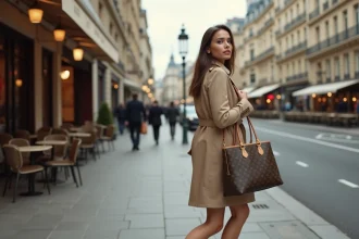 Femme élégante portant un sac Louis Vuitton monogramme dans une rue parisienne haussmannienne en automne