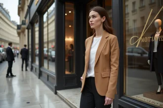 Femme élégante hésitant devant l'entrée d'une boutique de luxe Avenue Montaigne à Paris