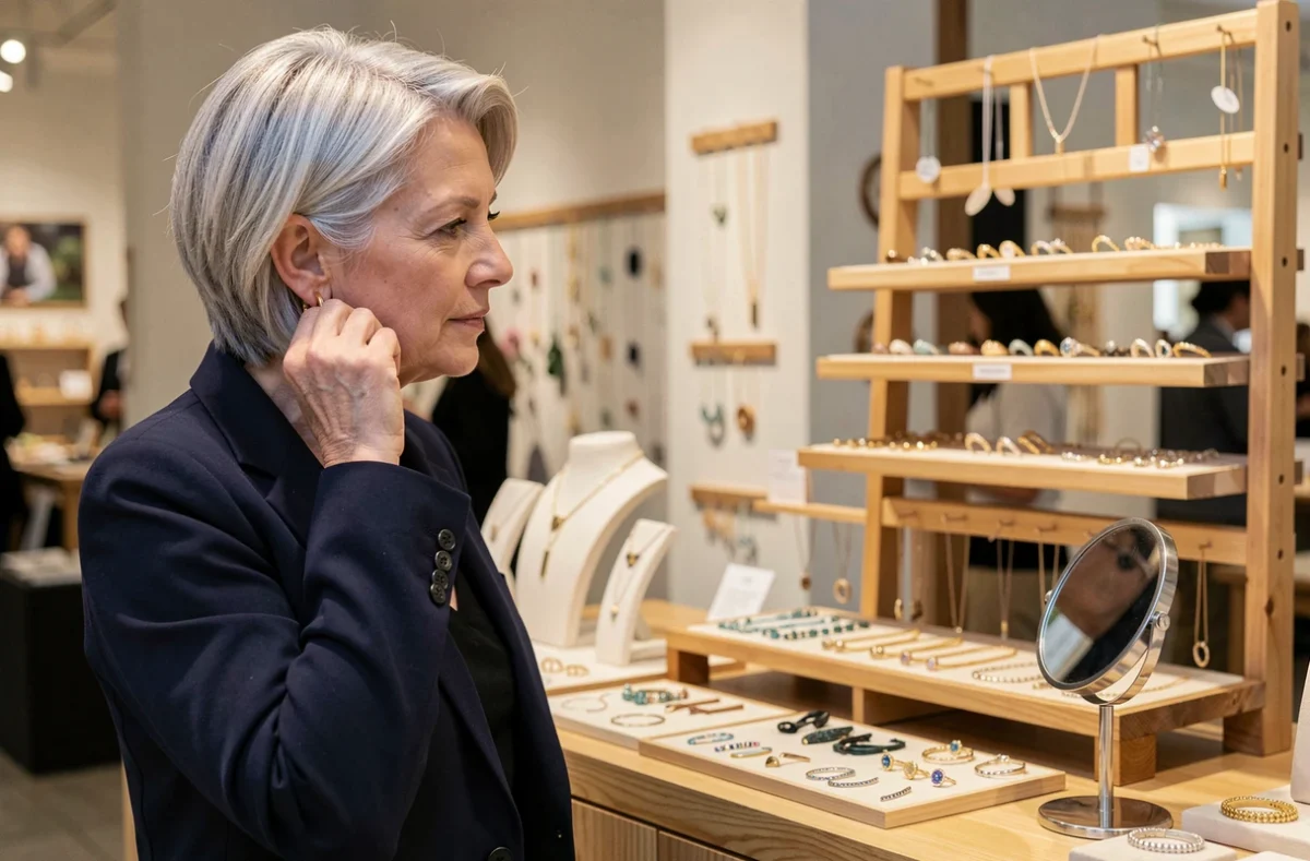 Femme essayant des boucles d'oreilles en or dans une boutique de bijoux SRD