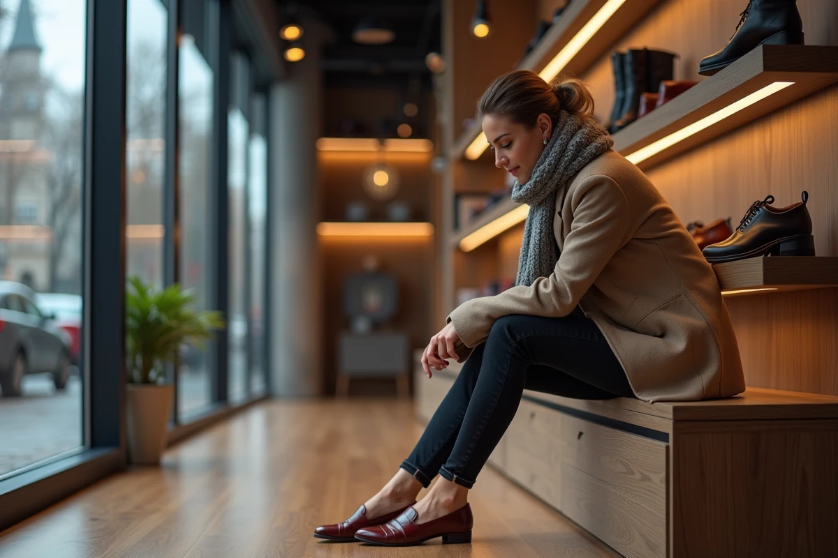 Jeune femme essayant des chaussures en magasin moderne