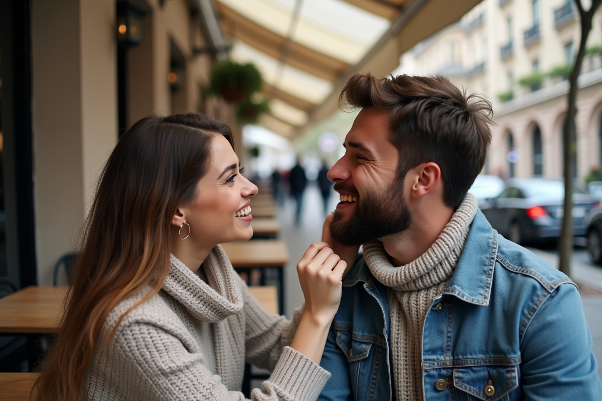 Femme touchant la joue de son partenaire avec barbe