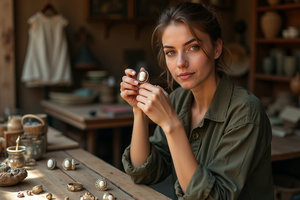 Femme examinant une bague camée ancienne dans un marché aux antiquités, entourée de bijoux vintage et de miniatures portrait