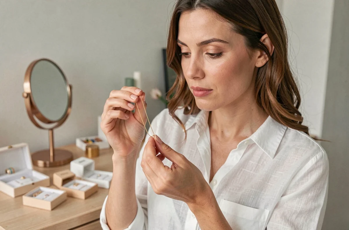 Femme examinant un collier en or de la marque SRD Bijoux avec attention à la maison